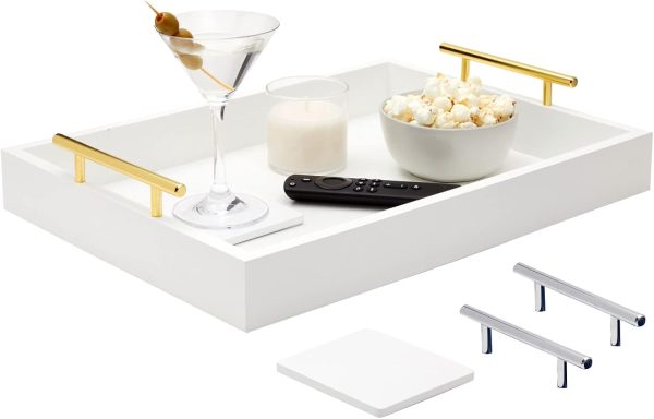 White Serving Tray for Coffee Bar Accessories with Coasters, Decorative Tray with Interchangeable Gold and Silver Handles (16x12)
