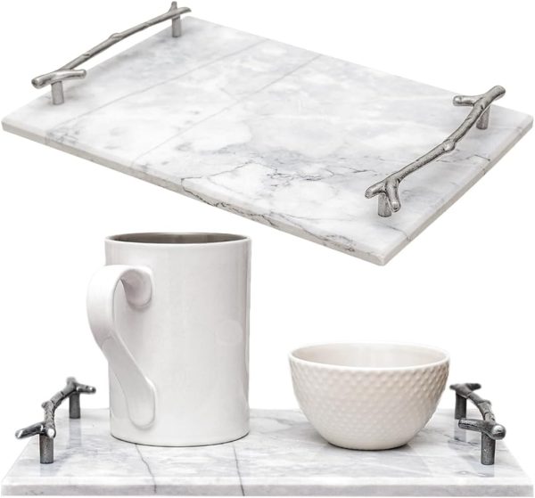Serving Tray with Handles | 12" x 8" Marble Tray for Food, Snacks, and Events Decorative Tray | Breakfast Dinner Ottoman Tray Coffee Table Decor Serving Trays with Silver Handles by