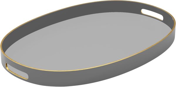 Serving Tray with Gold Trimming | Oval Serving Tray with Handles | Trays for Serving Food, Coffee, Tea, and More | Classic Oval Coffee Table Tray | 15.3” X 10.6” (Gray)