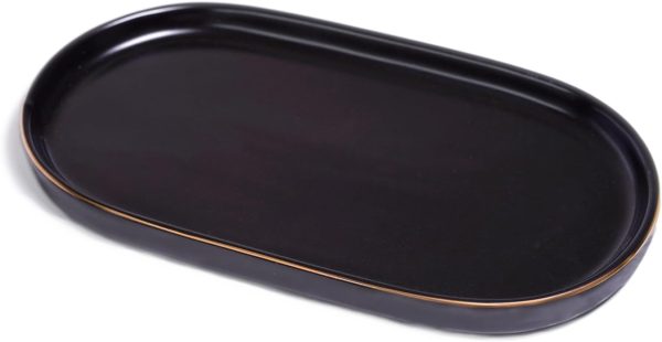 Ceramic Jewelry Dish, 7x4 Decorative Catch All Tray for Trinket Key Ring, Small Bathroom Counter, Perfume Vanity, Kitchen Sink Soap (Black)