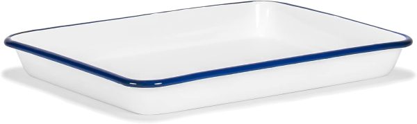 11" x 9" Enamelware Metal Classic 2 Quart Rectangular Serving Tray, Solid White/Navy Blue Rim