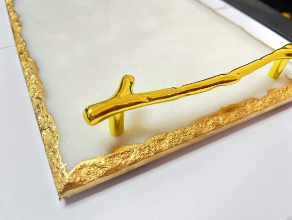 White and Gold Marble Tray (11.7X7.8X1.5 Inch, 4lbs) Luxury Display in Home and Kitchen for Table Handmade, Luxury Tray (White, Gold) - Image 2