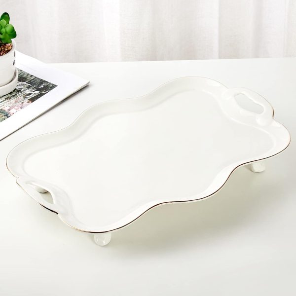 Porcelain Serving Tray with Handles, Luxury British Style Coffee Table Tray with Golden Rim, Beautiful Tea Tray Decor for Living Room, Easy to Use & Clean