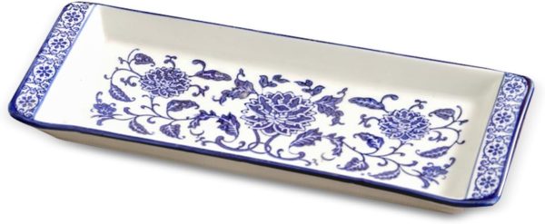 Blue and White Porcelain Serving Tray, 11" Blue and White Decor, Elegant Coffee Table Tray, Coffee Table Decor Tea Tray Decor, Ceramic Small Tray for Kitchen, Sandwiches, Snacks, Appetizers, Desserts