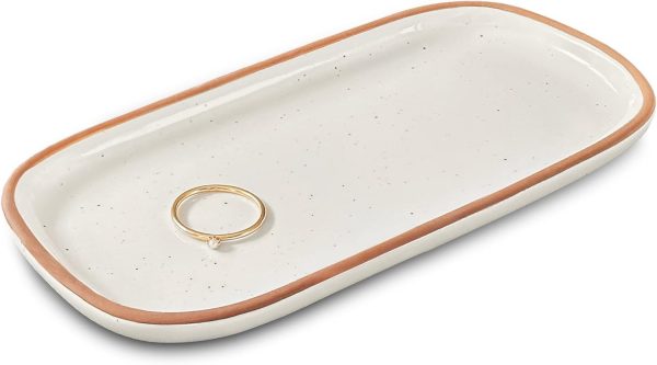 Ceramic Decorative Tray - Rectangle 6.4in Dish for Jewelry, Perfume, Makeup, Accessories, Candle, in The Bathroom Vanity, Bedside, or Kitchen Counter. Cute Organizers - White
