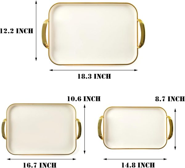 Serving Tray with Handles Set of 3 Rectangular Large Serving Platters 16.5/14.9/13.2 Inch White Plates for Dinner, Party, Entertaining, Cream Gold - Image 2