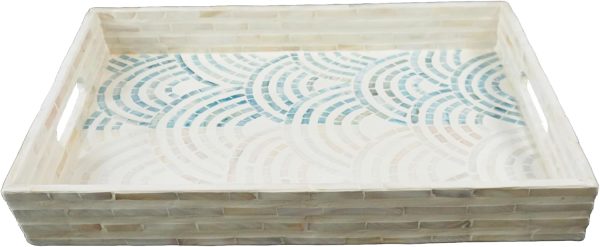 Rectangular Mother of Pearl Serving Tray Nacre Wood Lap Ottoman Tray for Coffee Table, Luxury Decorative Handmade Eating Platters w Insert Handles (Blue Wave Pattern) - Image 2