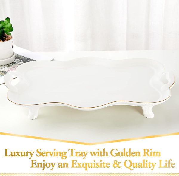 Porcelain Serving Tray with Handles, Luxury British Style Coffee Table Tray with Golden Rim, Beautiful Tea Tray Decor for Living Room, Easy to Use & Clean - Image 2