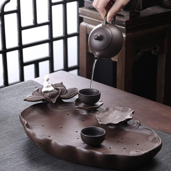 Round Tray GongFu Tea Serving Tray Chinese Tea Tray Ceramic Japanese Tea Serving Tray Teapot Holder Small Kung Fu Tea Table Set with Water Storage Box for Tea Lover Ceramic Tray - Image 2