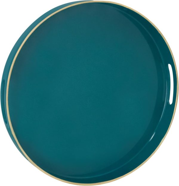 13" Round Tray, Teal Serving Trays with Handles, Modern Decorative Trays for Coffee Table, Plastic Ottoman Tray for Ottoman, Bathroom, Decor