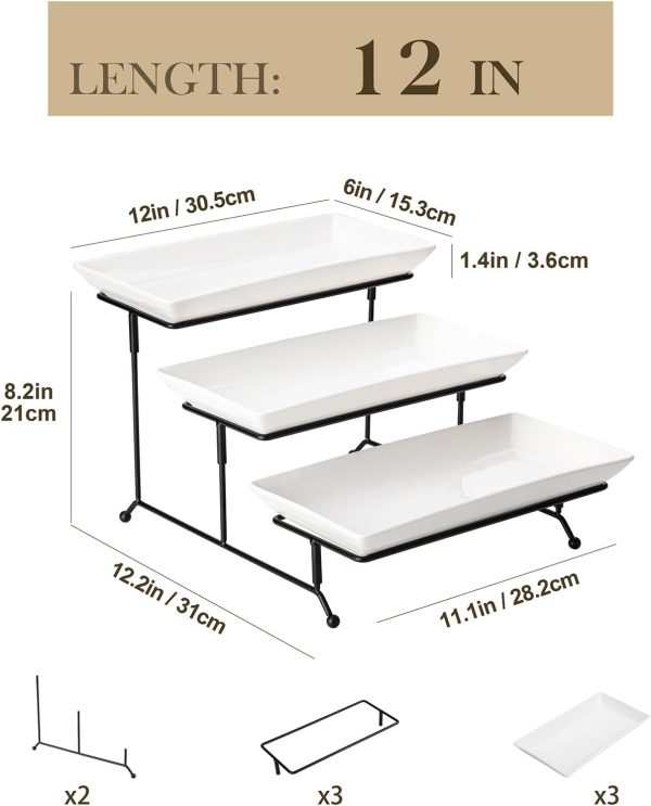 3 Tier Serving Trays for Party, Porcelain Serving Platters and Trays, 12 Inch Tiered Tray Stand, Fruit Tray, Trays for Serving Food, White Dessert Stand with Collapsible Sturdier Metal Rack - Image 2