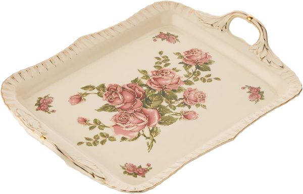 Ivory Serving Tray, Ceramic Floral and Gold Leaves Decorative Platter for Tea Party 15 X 11 inch (Pink Rose) - Image 2
