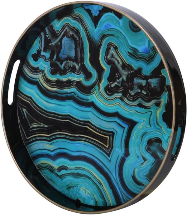 Round Decorative Tray, Marbling Plastic Tray with Handles, Modern Vanity Tray and Serving Tray for Ottoman, Coffee Table, Kitchen and Bathroom, Size 13" (Agate Green)