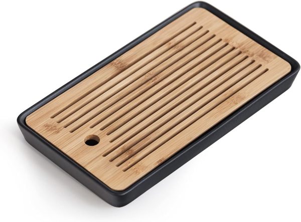 Ceramic Tea Tray, Double-Layer Bamboo Tray, for Tea Table (Rectangle, Black)