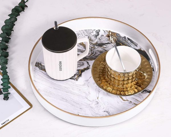 Round Decorative Tray, Marbling Plastic Tray with Handles, Modern Vanity Tray and Serving Tray for Ottoman, Coffee Table, Kitchen and Bathroom, Size 13", White - Image 2