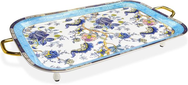 Tea Serving Tray Set, 21 Inches Bone China Tray With Handles, Blue Fine Ceramic Decorative Platter With Golden Rim for Tea Sets, Living Room, Gift