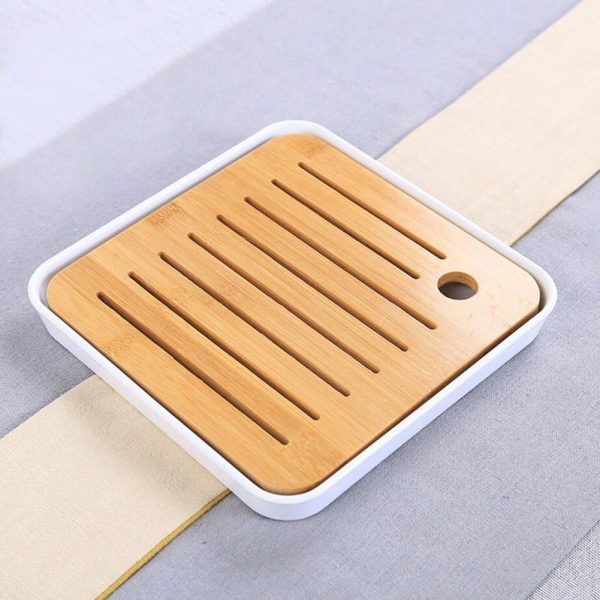 Bamboo Kung Fu Tea Tray Table Serving Tray Chinese Style Water Storage (White) - Image 2