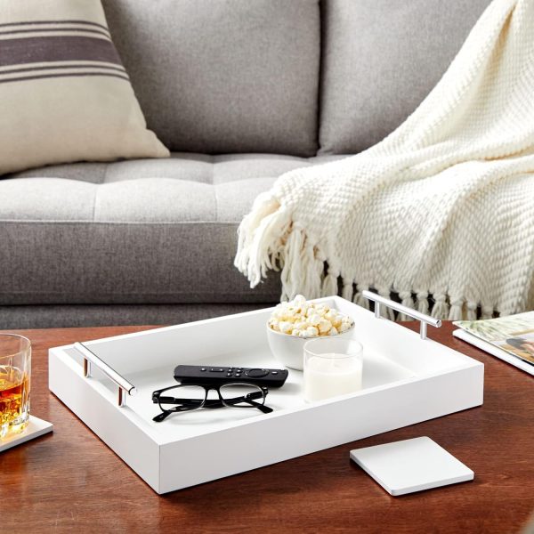 White Serving Tray for Coffee Bar Accessories with Coasters, Decorative Tray with Interchangeable Gold and Silver Handles (16x12) - Image 2