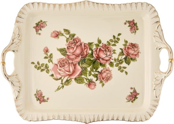 Ivory Serving Tray, Ceramic Floral and Gold Leaves Decorative Platter for Tea Party 15 X 11 inch (Pink Rose)
