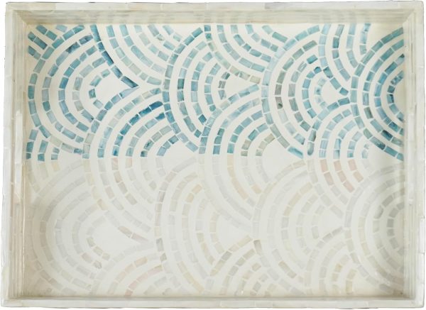 Rectangular Mother of Pearl Serving Tray Nacre Wood Lap Ottoman Tray for Coffee Table, Luxury Decorative Handmade Eating Platters w Insert Handles (Blue Wave Pattern)