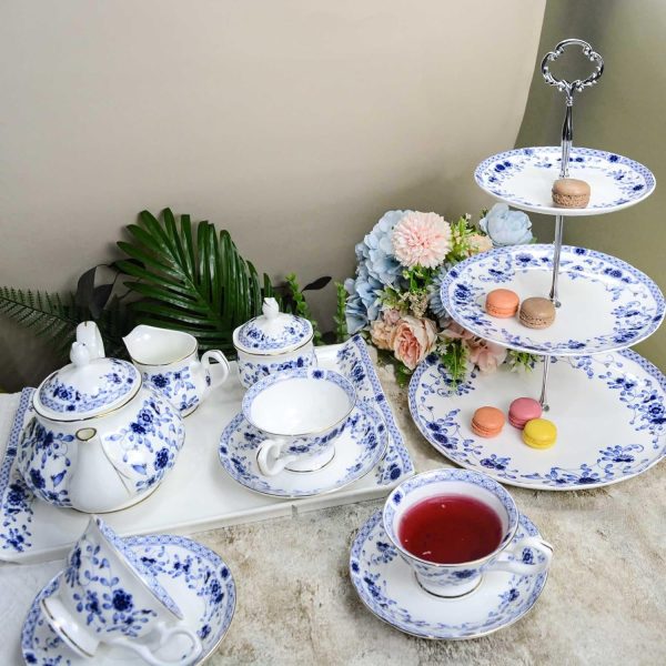 Bone China Serving Trays, 14 Inch Porcelain Serving Tray, Blue and White Bone China Tea Trays for Serving, Decorative Serving Food Tray Dessert Tray for Home, Party, Mother's Day (Blue) - Image 2