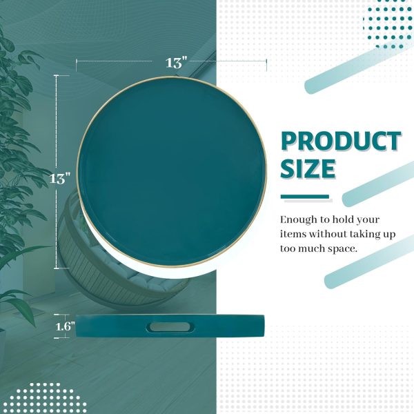 13" Round Tray, Teal Serving Trays with Handles, Modern Decorative Trays for Coffee Table, Plastic Ottoman Tray for Ottoman, Bathroom, Decor - Image 2