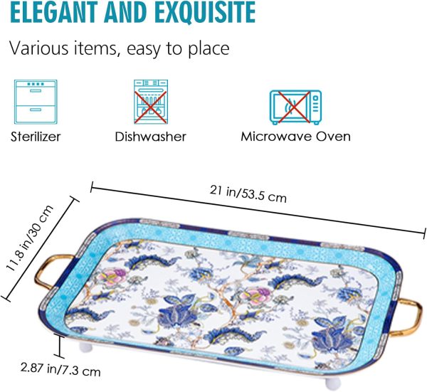 Tea Serving Tray Set, 21 Inches Bone China Tray With Handles, Blue Fine Ceramic Decorative Platter With Golden Rim for Tea Sets, Living Room, Gift - Image 2