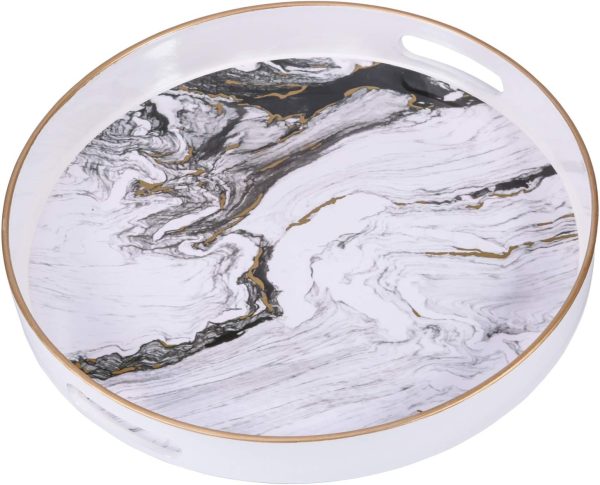 Round Decorative Tray, Marbling Plastic Tray with Handles, Modern Vanity Tray and Serving Tray for Ottoman, Coffee Table, Kitchen and Bathroom, Size 13", White