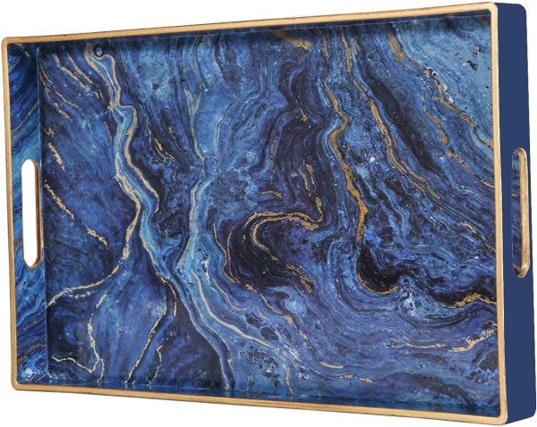 Decorative Tray, Marbling Plastic Tray with Handles, Rectangular Vanity Tray and Serving Tray for Bathroom, Kitchen, Ottoman and Coffee Table, 15.6” x 10.2”, Blue