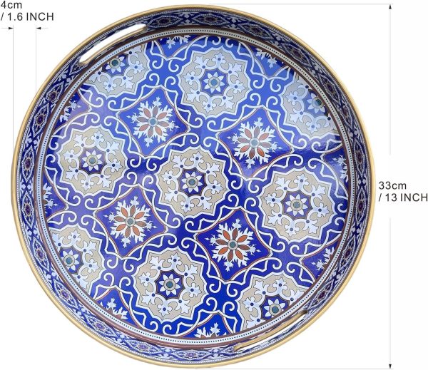Round Decorative Tray, Marbling Plastic Tray with Handles, Modern Vanity Tray and Serving Tray for Ottoman, Coffee Table, Kitchen and Bathroom, Size 13 INCH (Blue Porcelain) - Image 2