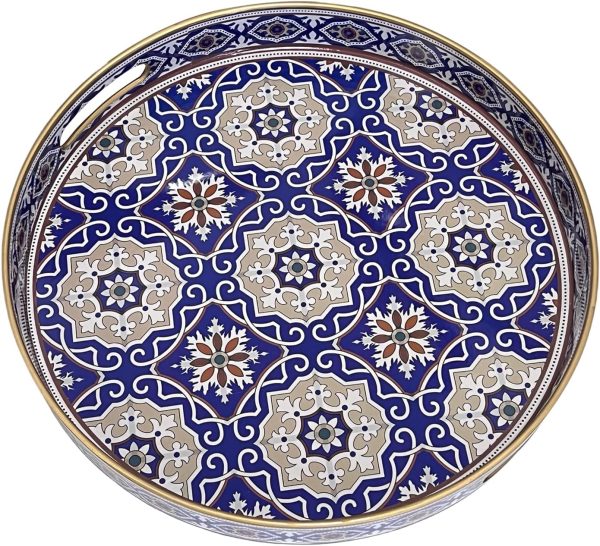 Round Decorative Tray, Marbling Plastic Tray with Handles, Modern Vanity Tray and Serving Tray for Ottoman, Coffee Table, Kitchen and Bathroom, Size 13 INCH (Blue Porcelain)