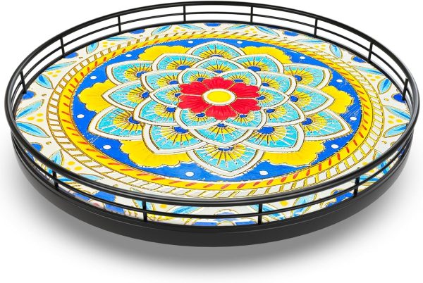 Decorative 3D Art Ceramic  for Table Top, 10.2" Boho Oak Wooden  Turntable Organizer for Dining Table Centerpiece Kitchen Countertop Coffee Table Decor Porcelain Tray Home Crafts