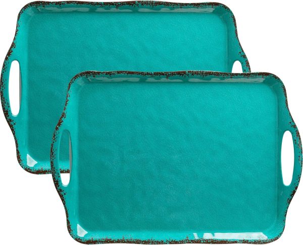 Large Farmhouse Melamine Serving Platters, Serving Tray with Handle for Food, Appetizer, Cupcakes, Dessert, Raised Edge Large Party Platter or TV Dinner Trays, 17.25x12 inch, Set of 2, Teal