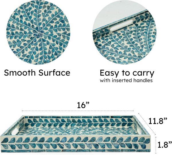 Serving Tray 15.7" X11.8", Lacquer Mother of Pearl Inlay Mosaic Tray, Rectangle Wooden Marble Tray with Handles Trays for Tea, Breakfast in Bed, Table (Blue) - Image 2
