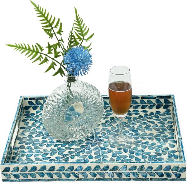 Serving Tray 15.7" X11.8", Lacquer Mother of Pearl Inlay Mosaic Tray, Rectangle Wooden Marble Tray with Handles Trays for Tea, Breakfast in Bed, Table (Blue)