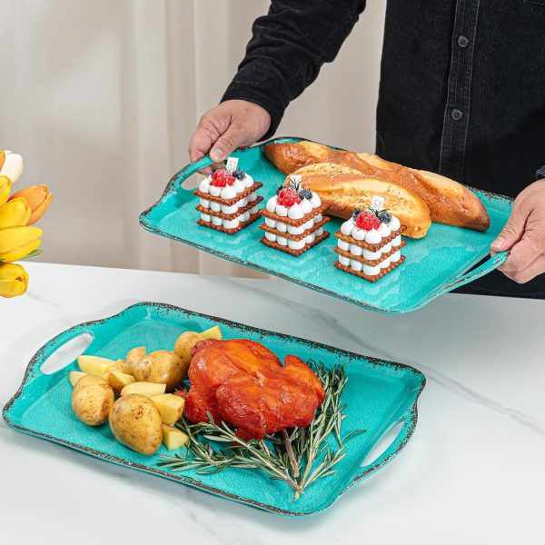 Large Farmhouse Melamine Serving Platters, Serving Tray with Handle for Food, Appetizer, Cupcakes, Dessert, Raised Edge Large Party Platter or TV Dinner Trays, 17.25x12 inch, Set of 2, Teal - Image 2